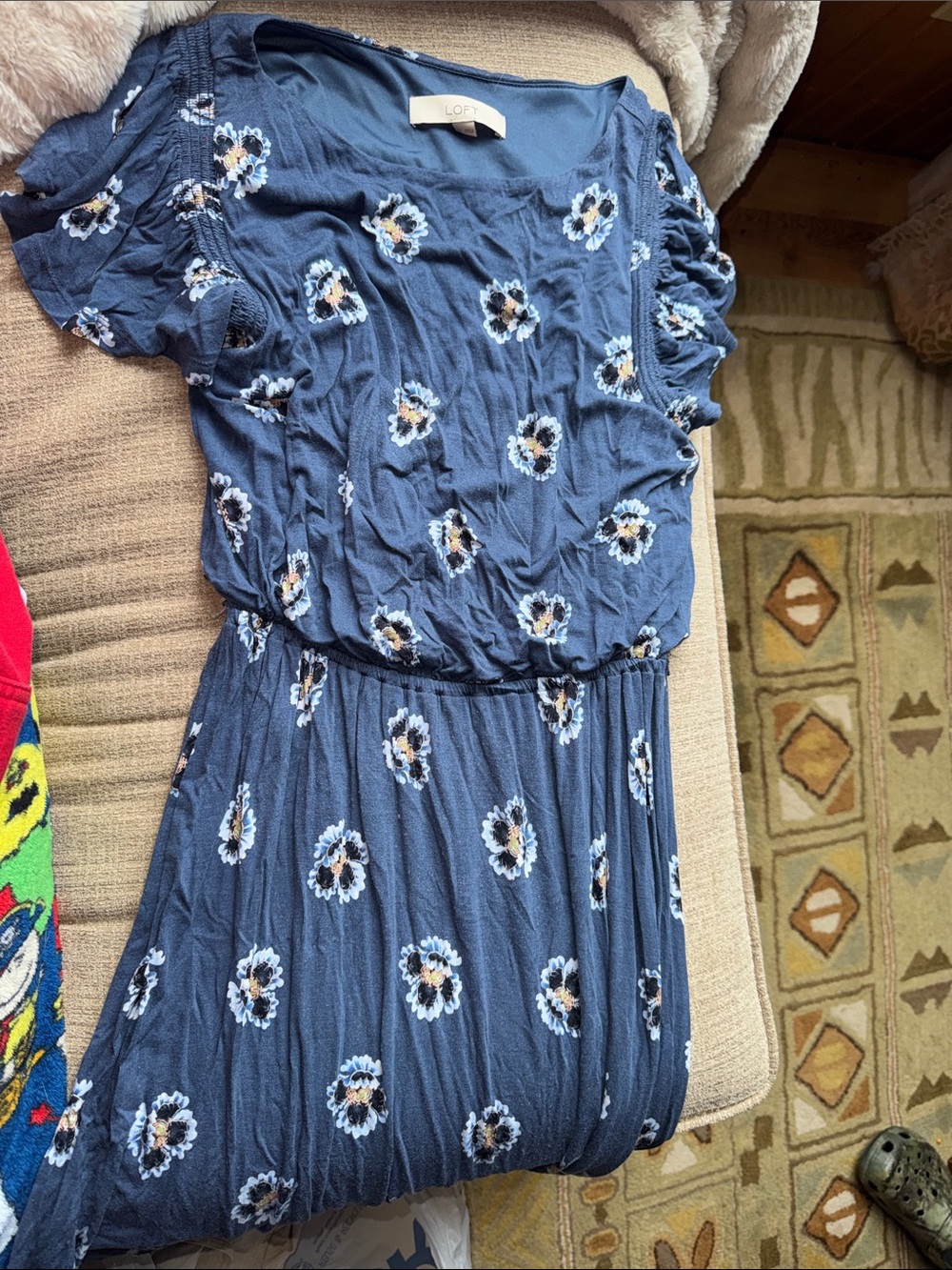 LOFT Navy Blue Floral Elastic Waist Casual Dress